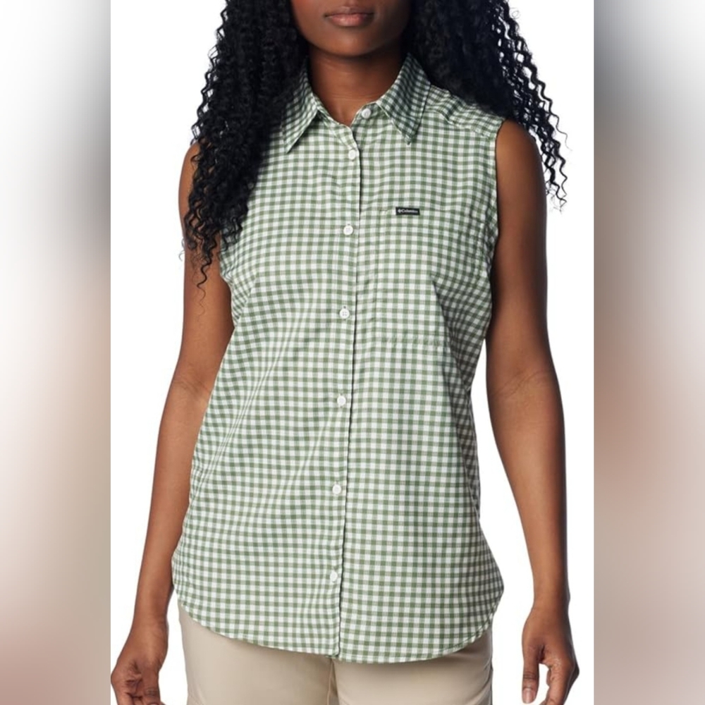 COLUMBIA Anytime Lite Sleeveless Shirt - Green Gingham - Size M (NWT) - Picture 2 of 16